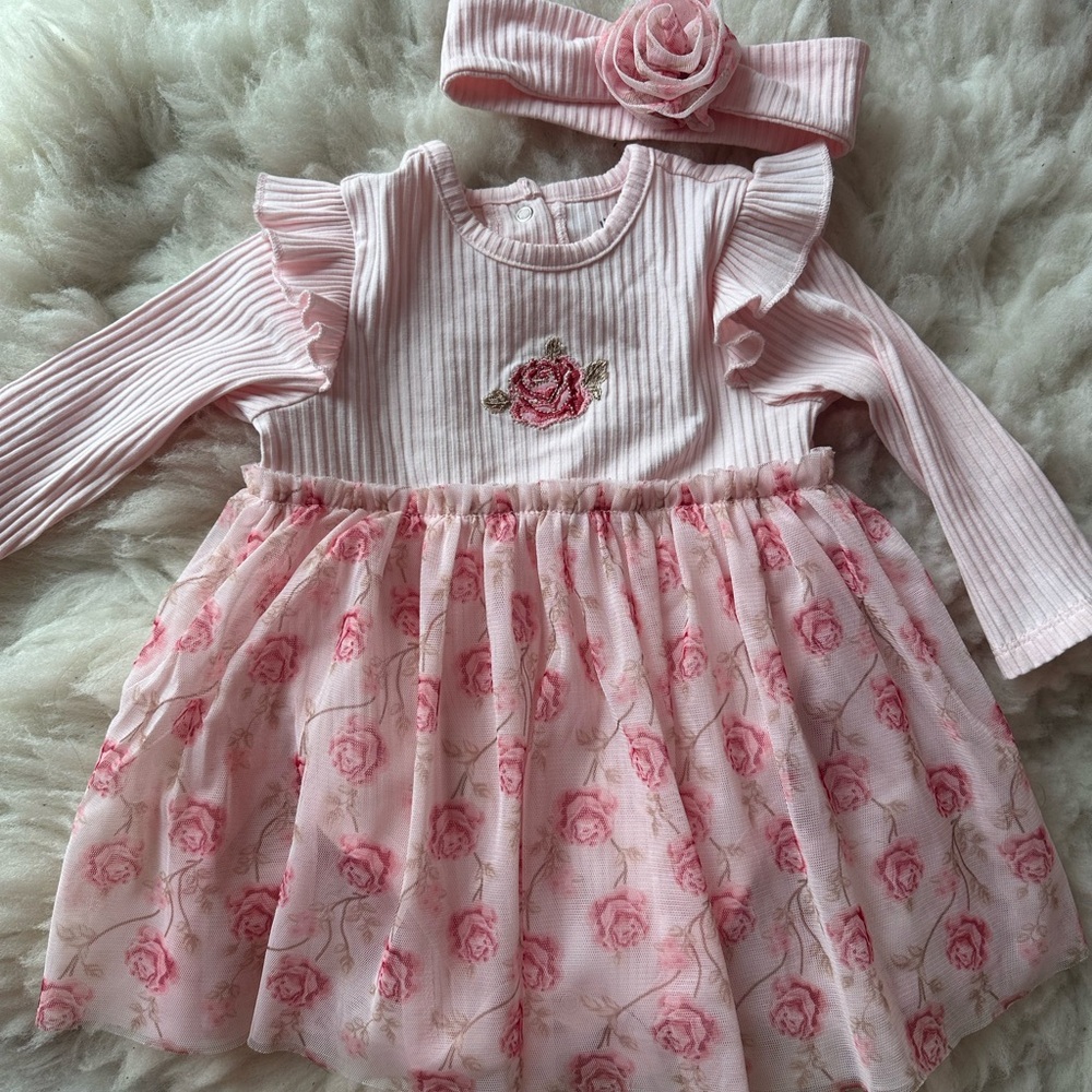 Little Me pink rose print Floral Kids Dress with Headband